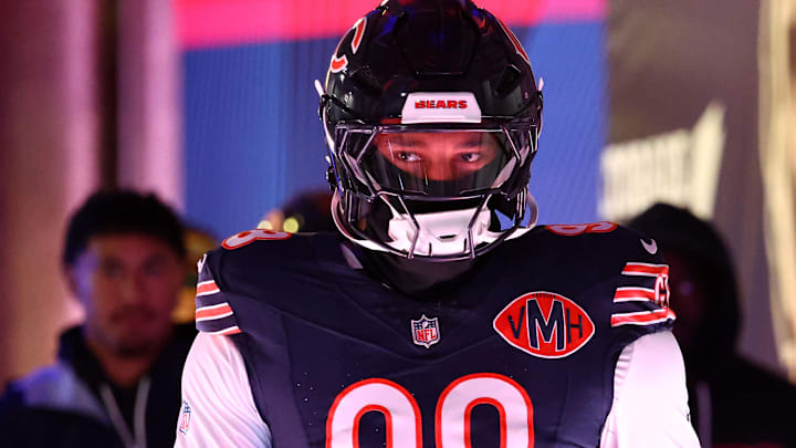 Oct 19, 2025; Chicago, Illinois, USA; Chicago Bears defensive end Montez Sweat (98) takes the field before the game against the New Orleans Saints at Soldier Field. Oct 19, 2025; Chicago, Illinois, USA; Chicago Bears defensive end Montez Sweat (98) takes the field before the game against the New Orleans Saints at Soldier Field.