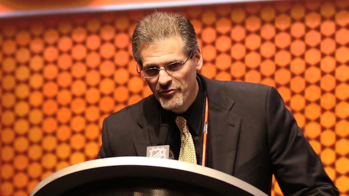 Jun 27, 2014; Philadelphia, PA, USA; Philadelphia Flyers general manager Ron Hextall announces Travis Sanheim (not pictured) as the number seventeen overall pick to the Philadelphia Flyers in the first round of the 2014 NHL Draft at Wells Fargo Center. Mandatory Credit: Bill Streicher-Imagn Images