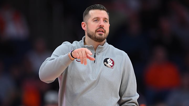 Jan 13, 2026; Syracuse, New York, USA; Florida State Seminoles head coach Luke Loucks during the second half against the Syracuse Orange at the JMA Wireless Dome. Mandatory Credit: Rich Barnes-Imagn Images