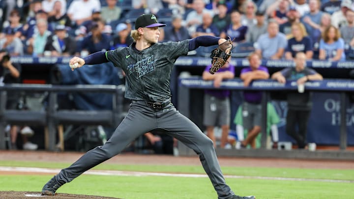 Tampa Bay Rays pitcher Shane Baz (11) pitches during the first inning against the Detroit Tigers at George M. Steinbrenner Field. Tampa Bay Rays pitcher Shane Baz (11) pitches during the first inning against the Detroit Tigers at George M. Steinbrenner Field.