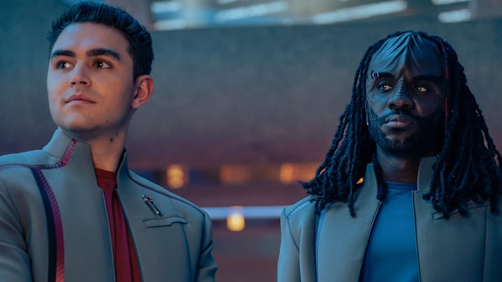L-R: George Hawkins as Darem and Karim Diané as Jay-Den in season 1, episode 8, of Star Trek: Starfleet Academy streaming on Paramount+. Photo Credit: John Medland/Paramount+ L-R: George Hawkins as Darem and Karim Diané as Jay-Den in season 1, episode 8, of Star Trek: Starfleet Academy streaming on Paramount+. Photo Credit: John Medland/Paramount+