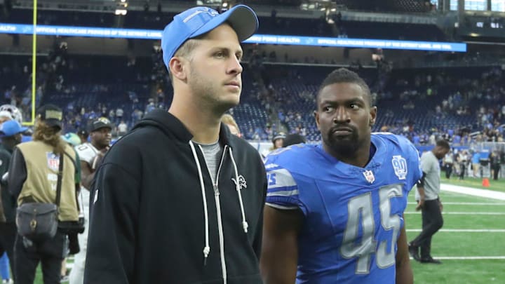 Detroit Lions quarterback Jared Goff (16) and fullback Jason Cabinda (45) walk off the field after preseason action against the Jacksonville Jaguars, Saturday, August 19, 2023 at Ford Field.
