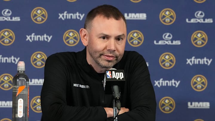 Feb 19, 2026; Inglewood, California, USA; Denver Nuggets head coach David Adelman at press conference at the Intuit Dome. Mandatory Credit: Kirby Lee-Imagn Images