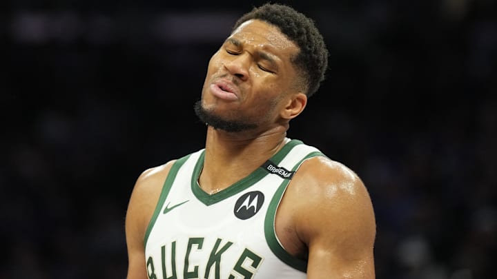 Mar 22, 2025; Sacramento, California, USA; Milwaukee Bucks forward Giannis Antetokounmpo (34) reacts during the third quarter against the Sacramento Kings at Golden 1 Center. Mandatory Credit: Darren Yamashita-Imagn Images