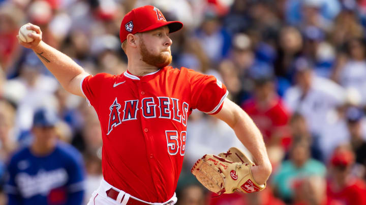 Feb 24, 2024; Tempe, Arizona, USA; Los Angeles Angels pitcher Davis Daniel against the Los Angeles Dodgers during a spring training game at Tempe Diablo Stadium. Mandatory Credit: Mark J. Rebilas-USA TODAY Sports