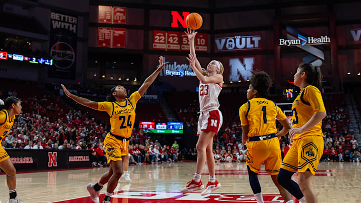Nebraska guard Britt Prince shoots against Kansas City.
