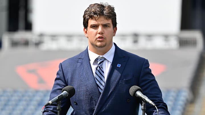 Apr 25, 2025; Foxborough, MA, USA; New England Patriots first round draft pick Will Campbell addresses media during a press conference on the game field at Gillette Stadium.  Mandatory Credit: Eric Canha-Imagn Images