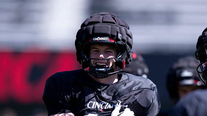 Cincinnati Bearcats linebacker Jake Golday (11) smiles during the Cincinnati Bearcats football spring practice at Nippert Stadium on Saturday, April 12, 2025. Cincinnati Bearcats linebacker Jake Golday (11) smiles during the Cincinnati Bearcats football spring practice at Nippert Stadium on Saturday, April 12, 2025.
