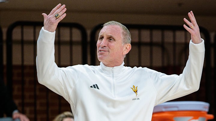 Feb 9, 2025; Stillwater, Oklahoma, USA; Arizona State Sun Devils coach Bobby Hurley reacts to game play during the first half against the Oklahoma State Cowboys at Gallagher-Iba Arena. Mandatory Credit: William Purnell-Imagn Images