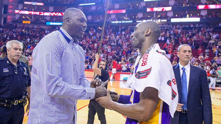 Apr 10, 2016; Houston, TX, USA; Former Houston Rockets center Hakeem Olajuwon talks with Los Angeles Lakers forward Kobe Bryant (24) after the game between the Rockets and the Lakers at the Toyota Center. Bryant plays in the last road game and second to last game of his NBA career. Mandatory Credit: Jerome Miron-USA TODAY Sports Apr 10, 2016; Houston, TX, USA; Former Houston Rockets center Hakeem Olajuwon talks with Los Angeles Lakers forward Kobe Bryant (24) after the game between the Rockets and the Lakers at the Toyota Center. Bryant plays in the last road game and second to last game of his NBA career. Mandatory Credit: Jerome Miron-USA TODAY Sports