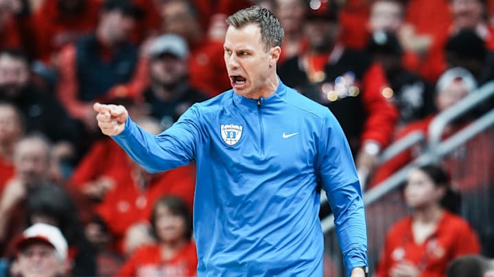 Duke Blue Devils head coach Jon Scheyer yells in the first half as his team fell behind by 10 points in the first half. The Duke Blue Devils rallied from being down nine points at the half to beat Louisville 84-73 Tuesday night at KFC Yum Center January 6, 2026.