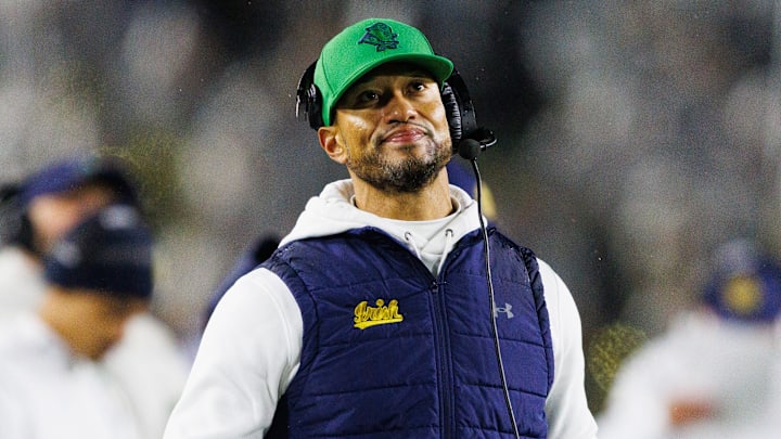 Notre Dame head coach Marcus Freeman looks on during the first half of a NCAA football game against Navy at Notre Dame Stadium on Saturday, Nov. 8, 2025, in South Bend. Notre Dame head coach Marcus Freeman looks on during the first half of a NCAA football game against Navy at Notre Dame Stadium on Saturday, Nov. 8, 2025, in South Bend.