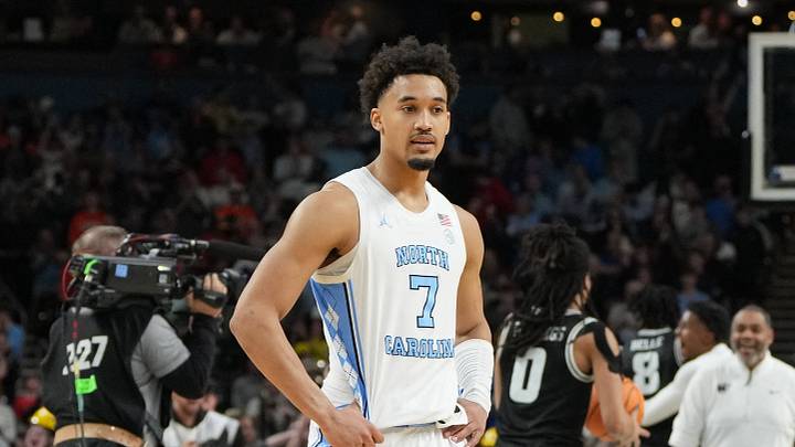 Mar 19, 2026; Greenville, SC, USA; North Carolina Tar Heels guard Seth Trimble (7) reacts after losing to the VCU Rams in overtime of a first round game of the men's 2026 NCAA Tournament at Bon Secours Wellness Arena. Mandatory Credit: Bob Donnan-Imagn Images