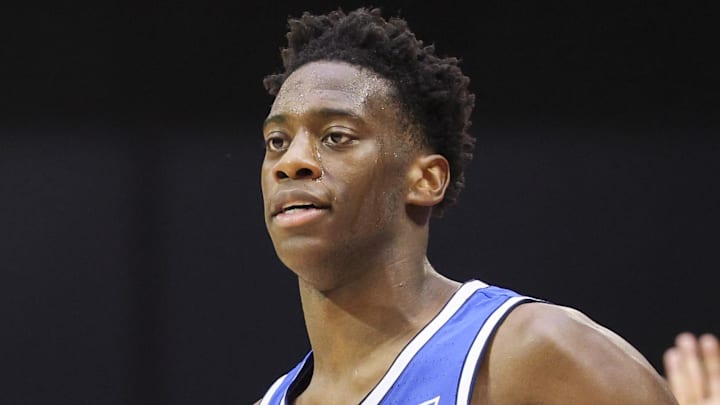 Nov 28, 2025; Kissimmee, FL, USA; Brigham Young University Cougars forward AJ Dybantsa (3) reacts after making a three point basket against the Dayton Flyers in the second half during the ESPN Events Invitational at State Farm Field House. Mandatory Credit: Nathan Ray Seebeck-Imagn Images