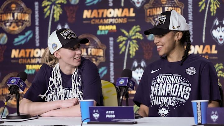 Connecticut Huskies guard Paige Bueckers and guard Azzi Fudd speak to the media after winning the national championship against the South Carolina Gamecocks.