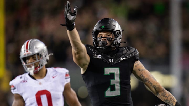 Oregon’s Terrance Ferguson, right, celebrates first down against Ohio State during the third quarter at Autzen Stadium Saturday, Oct. 12, 2024.