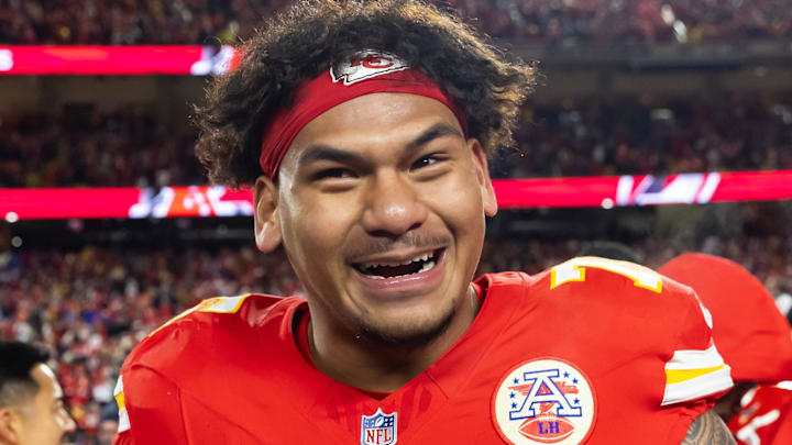 Kansas City Chiefs offensive tackle Kingsley Suamataia (76) celebrates after defeating the Buffalo Bills in the AFC Championship game at GEHA Field at Arrowhead Stadium.