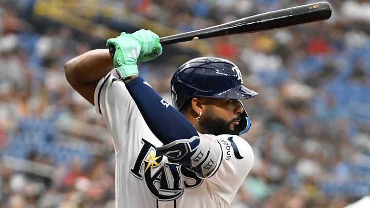 Jun 8, 2026; St. Petersburg, Florida, USA;  Tampa Bay Rays third baseman Junior Caminero (13) bats in the first inning against the Boston Red Sox at Tropicana Field.