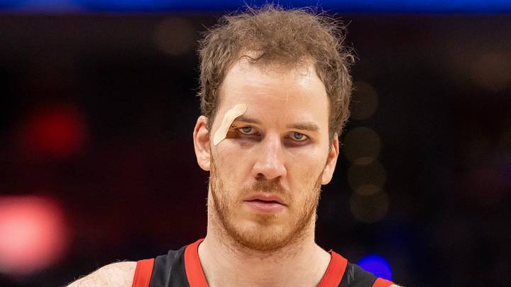 Mar 31, 2026; Detroit, Michigan, USA; Toronto Raptors Jakob Poeltl (19) walks up court against the Detroit Pistons during the second half at Little Caesars Arena. Mandatory Credit: David Reginek-Imagn Images