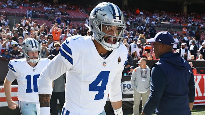 Sep 8, 2024; Cleveland, Ohio, USA; Dallas Cowboys quarterback Dak Prescott (4) enters the field before the game between the Cowboys and the Cleveland Browns at Huntington Bank Field. Mandatory Credit: Ken Blaze-Imagn Images Sep 8, 2024; Cleveland, Ohio, USA; Dallas Cowboys quarterback Dak Prescott (4) enters the field before the game between the Cowboys and the Cleveland Browns at Huntington Bank Field. Mandatory Credit: Ken Blaze-Imagn Images