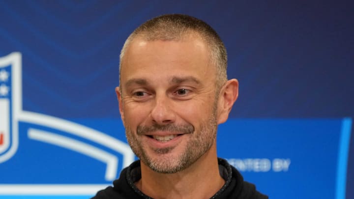 Feb 25, 2025; Indianapolis, IN, USA; Las Vegas Raiders general manager John Spytek speaks during the NFL Scouting Combine at the Indiana Convention Center. Mandatory Credit: Kirby Lee-Imagn Images