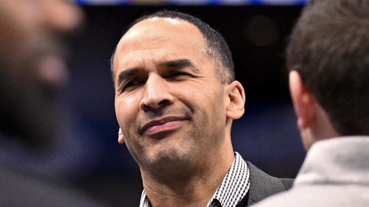 Feb 10, 2025; Dallas, Texas, USA; Dallas Mavericks general manager Nico Harrison speaks with fans before the game between the Dallas and the Sacramento Kings at the American Airlines Center. Mandatory Credit: Jerome Miron-Imagn Images Feb 10, 2025; Dallas, Texas, USA; Dallas Mavericks general manager Nico Harrison speaks with fans before the game between the Dallas and the Sacramento Kings at the American Airlines Center. Mandatory Credit: Jerome Miron-Imagn Images