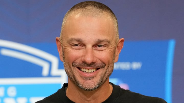 Feb 24, 2026; Indianapolis, IN, USA; Las Vegas Raiders general manager John Spytek speaks at the NFL Scouting Combine at the Indiana Convention Center. Mandatory Credit: Kirby Lee-Imagn Images