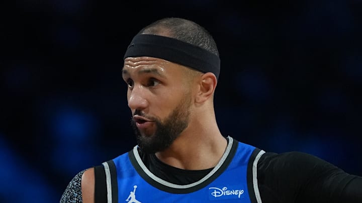 Orlando Magic guard Jalen Suggs talks with referee Sean Corbin. Orlando Magic guard Jalen Suggs talks with referee Sean Corbin.