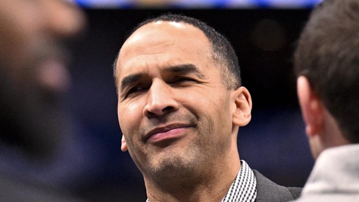 Feb 10, 2025; Dallas, Texas, USA; Dallas Mavericks general manager Nico Harrison speaks with fans before the game between the Dallas and the Sacramento Kings at the American Airlines Center. Mandatory Credit: Jerome Miron-Imagn Images