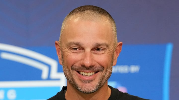 Feb 24, 2026; Indianapolis, IN, USA; Las Vegas Raiders general manager John Spytek speaks at the NFL Scouting Combine at the Indiana Convention Center. Mandatory Credit: Kirby Lee-Imagn Images