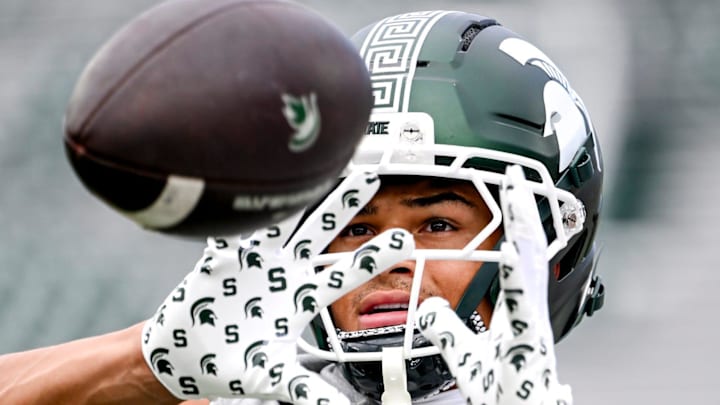 Michigan State's Evan Boyd catches a pass while warming up before the game against Youngstown State on Saturday, Sept. 13, 2025, at Spartan Stadium in East Lansing. Michigan State's Evan Boyd catches a pass while warming up before the game against Youngstown State on Saturday, Sept. 13, 2025, at Spartan Stadium in East Lansing.