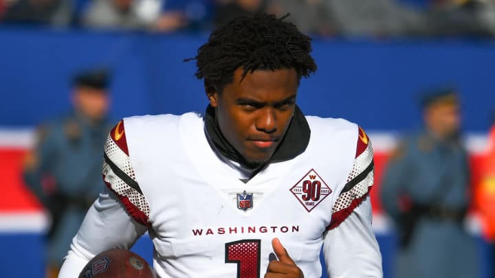 Dec 4, 2022; East Rutherford, New Jersey, USA; Washington Commanders wide receiver Jahan Dotson (1) prior to the game against the New York Giants at MetLife Stadium. Mandatory Credit: Rich Barnes-USA TODAY Sports Dec 4, 2022; East Rutherford, New Jersey, USA; Washington Commanders wide receiver Jahan Dotson (1) prior to the game against the New York Giants at MetLife Stadium. Mandatory Credit: Rich Barnes-USA TODAY Sports
