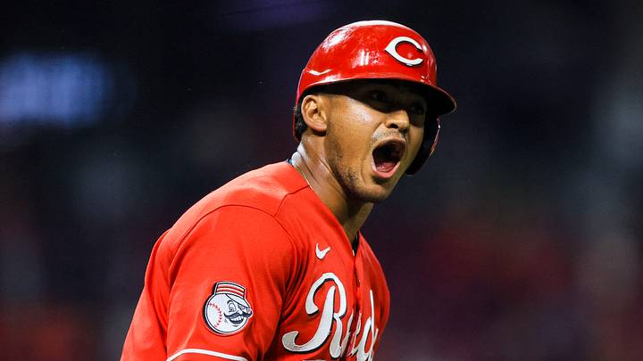 Cincinnati Reds pinch-hitter Dane Myers (17) reacts