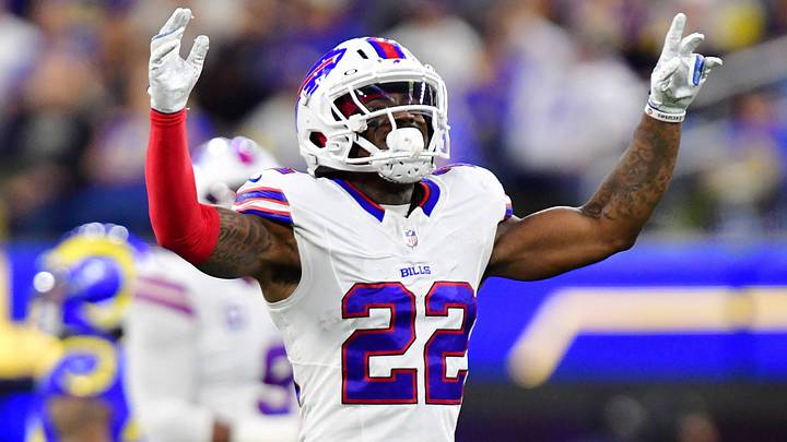Buffalo Bills safety C.J. Gardner-Johnson reacts after a play during the second quarter against the Los Angeles Rams. Buffalo Bills safety C.J. Gardner-Johnson reacts after a play during the second quarter against the Los Angeles Rams.