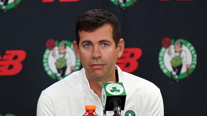 Sep 24, 2024; Boston, MA, USA;  Boston Celtics general manager Brad Stevens talks to reporters during media day at Auerbach Center. Mandatory Credit: David Butler II-Imagn Images