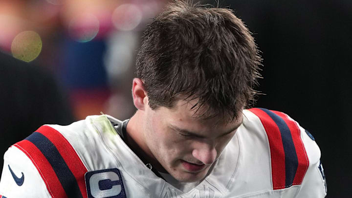 Feb 8, 2026; Santa Clara, CA, USA; New England Patriots quarterback Drake Maye (10) walks off of the field after the game against the Seattle Seahawks in Super Bowl LX at Levi's Stadium. Mandatory Credit: Darren Yamashita-Imagn Images