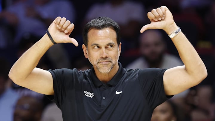 Miami Heat head coach Erik Spoelstra reacts (Mandatory Credit: Rhona Wise-Imagn Images)