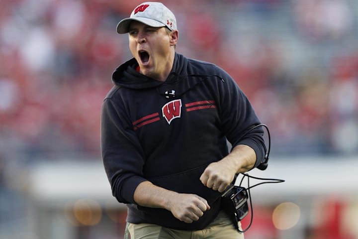Former Wisconsin Badgers head coach Jim Leonhard reacts to a call during the fourth quarter against the Purdue Boilermakers.