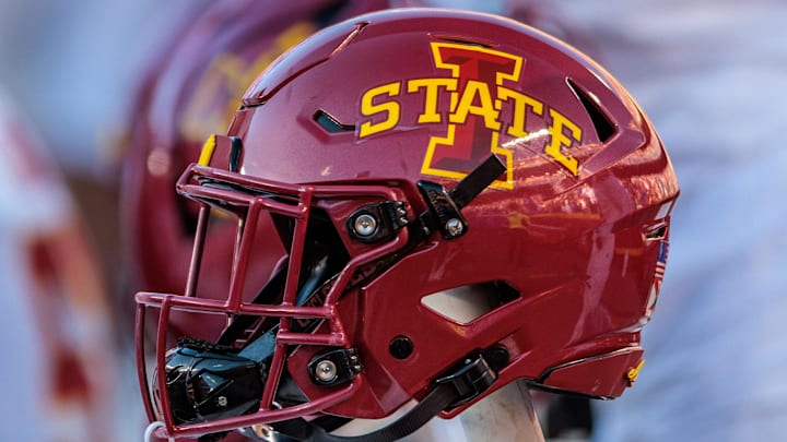 Nov 9, 2024; Kansas City, Missouri, USA; Iowa State Cyclones helmets on the bench during the first quarter against the Kansas Jayhawks at GEHA Field at Arrowhead Stadium. Nov 9, 2024; Kansas City, Missouri, USA; Iowa State Cyclones helmets on the bench during the first quarter against the Kansas Jayhawks at GEHA Field at Arrowhead Stadium.
