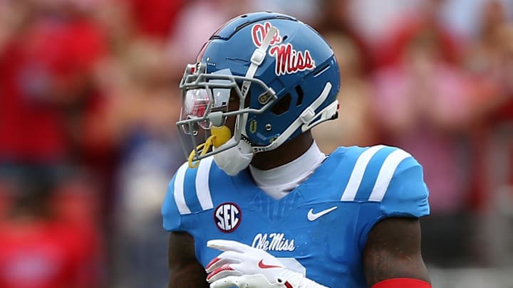 Sep 28, 2024; Oxford, Mississippi, USA; Mississippi Rebels defensive back Trey Amos (9) waits for the snap during the first half against the Kentucky Wildcats at Vaught-Hemingway Stadium. Mandatory Credit: Petre Thomas-Imagn Images