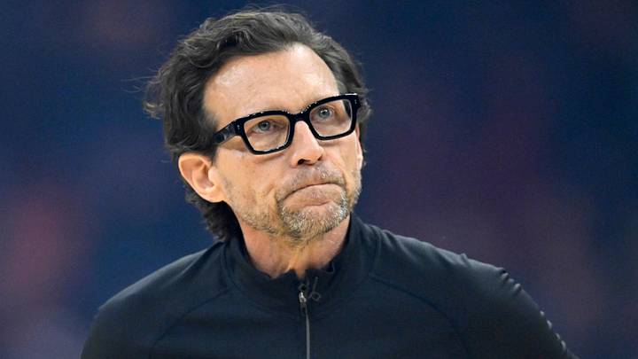 Atlanta Hawks head coach Quin Snyder reacts in the first quarter against the Cleveland Cavaliers at Rocket Arena on April 8, 2026.