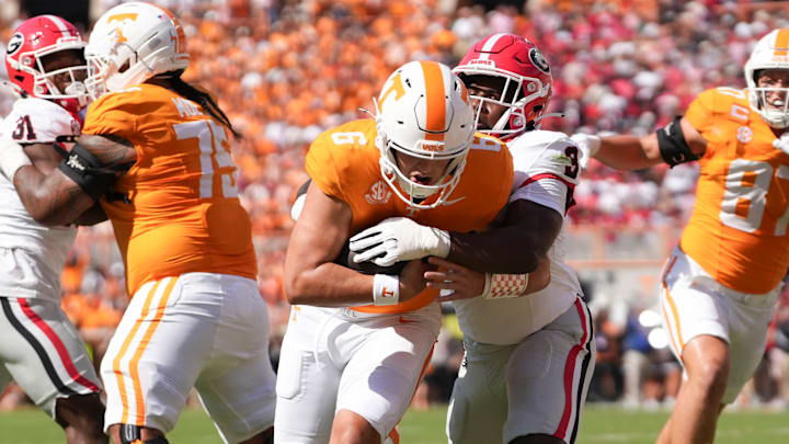 Tennessee quarterback Joey Aguilar (6) runs the ball in for the game's first touchdown during an NCAA college football game against Georgia on September 13, 2025, Knoxville, Tennessee.