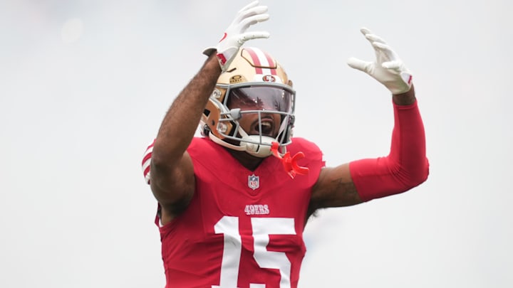 Jauan Jennings hypes up crowd during pregame introductions.