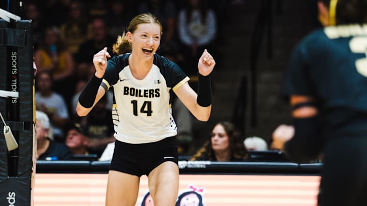Grace Heaney celebrates a point for Purdue. After missing the 2024 season with an injury, the Omaha native is the second-leading attacker for the Boilermakers this season. 