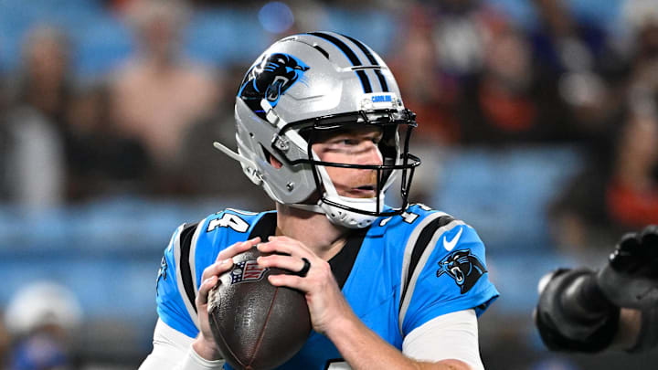 Carolina Panthers quarterback Andy Dalton looks to pass in the third quarter at Bank of America Stadium.