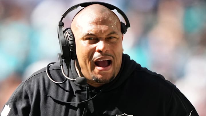 Nov 19, 2023; Miami Gardens, Florida, USA; Las Vegas Raiders head coach Antonio Pierce reacts during the first half against the Miami Dolphins at Hard Rock Stadium. Mandatory Credit: Jasen Vinlove-Imagn Images Nov 19, 2023; Miami Gardens, Florida, USA; Las Vegas Raiders head coach Antonio Pierce reacts during the first half against the Miami Dolphins at Hard Rock Stadium. Mandatory Credit: Jasen Vinlove-Imagn Images