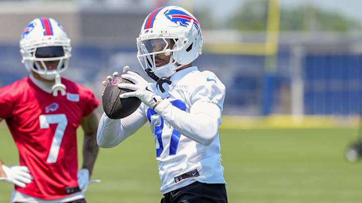 Buffalo Bills defensive back Jordan Hancock (37) makes a catch during Minicamp at Highmark Stadium. Mandatory Credit: Gregory Fisher-Imagn Images