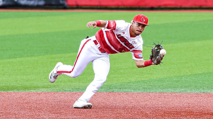 Louisville baseball shortstop Alex Alicea makes a play vs. Miami in game two of the 2025 Louisville Super Regional.