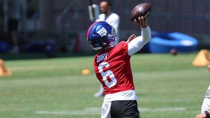 Jun 9, 2026; East Rutherford, NJ, USA; New York Giants quarterback Jaxson Dart (6) throws a pass during the minicamp activities at Quest Diagnostics Center. Mandatory Credit: Thomas Salus-Imagn Images