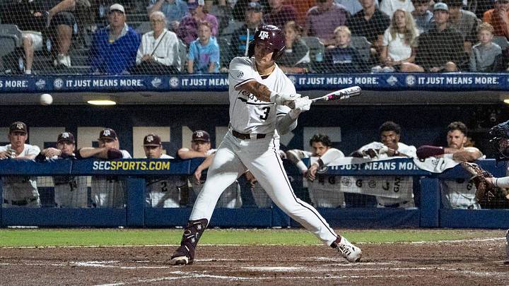 Texas A&M Aggies' Jake Duer swings at the ball as Auburn Tigers take on Texas A&M Aggies during the SEC baseball tournament.